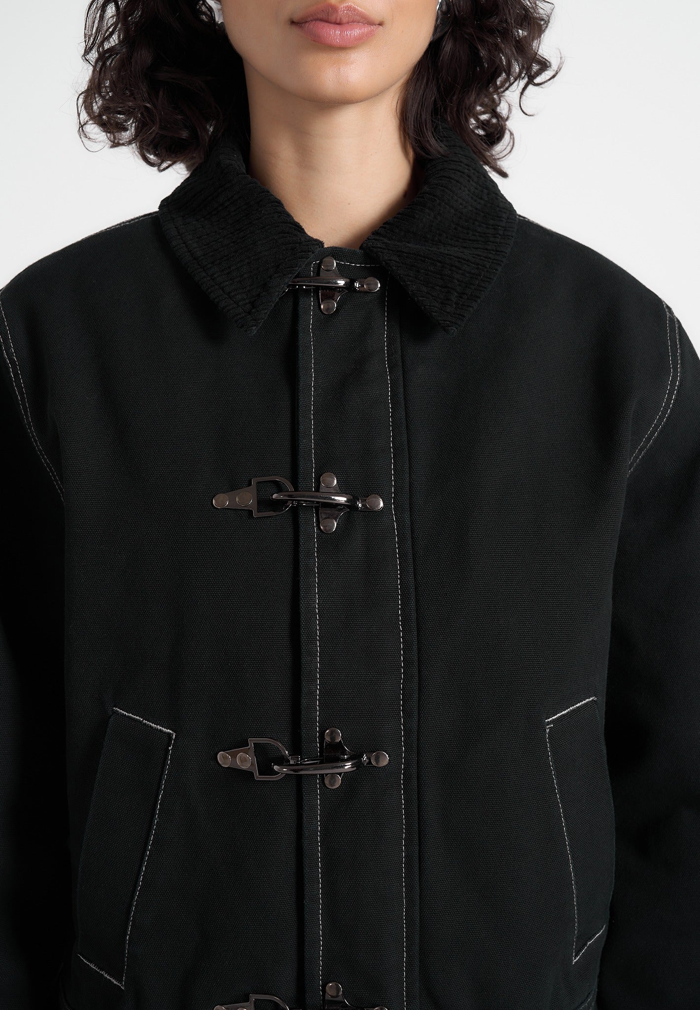 Nino - Clasp Detail Contrast Stitch Gabardine Jacket - Black