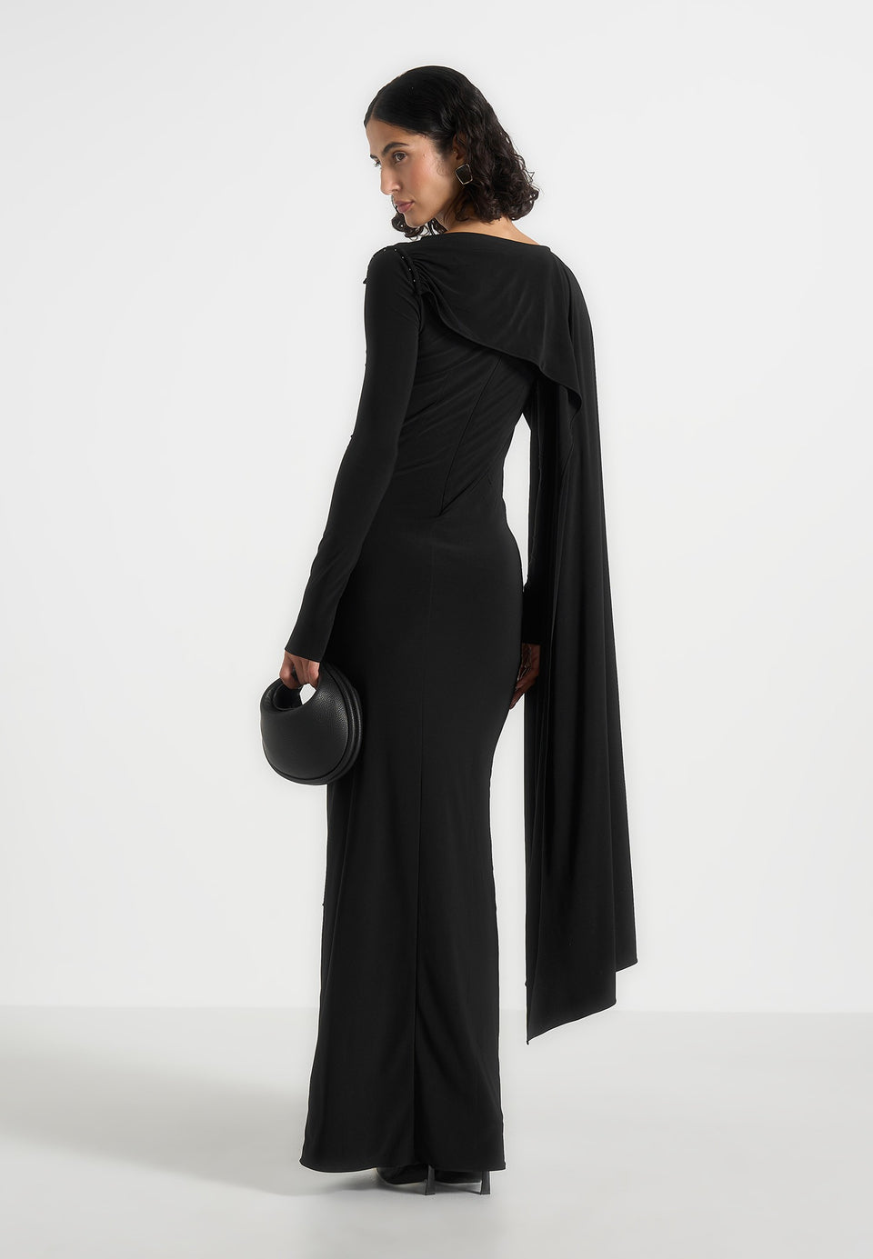 Edena - Asym Ruched Draped Maxi Dress - Black