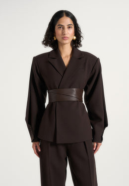 Marie - Twist Sleeve Tailored Blazer with Belt - Brown