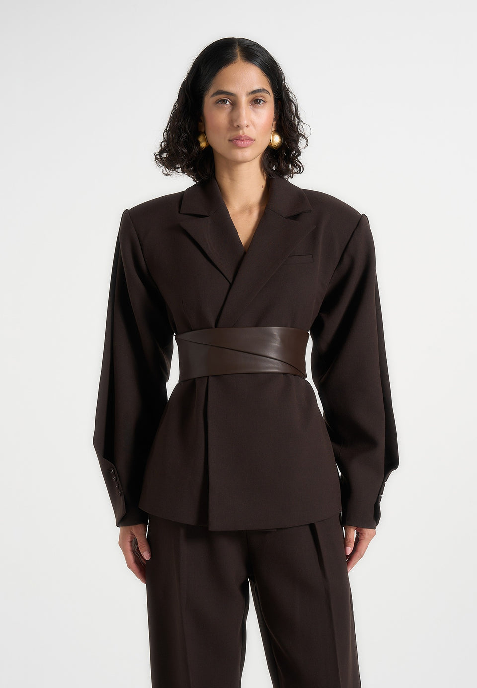 Marie - Twist Sleeve Tailored Blazer with Belt - Brown