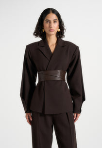 Marie - Twist Sleeve Tailored Blazer with Belt - Brown