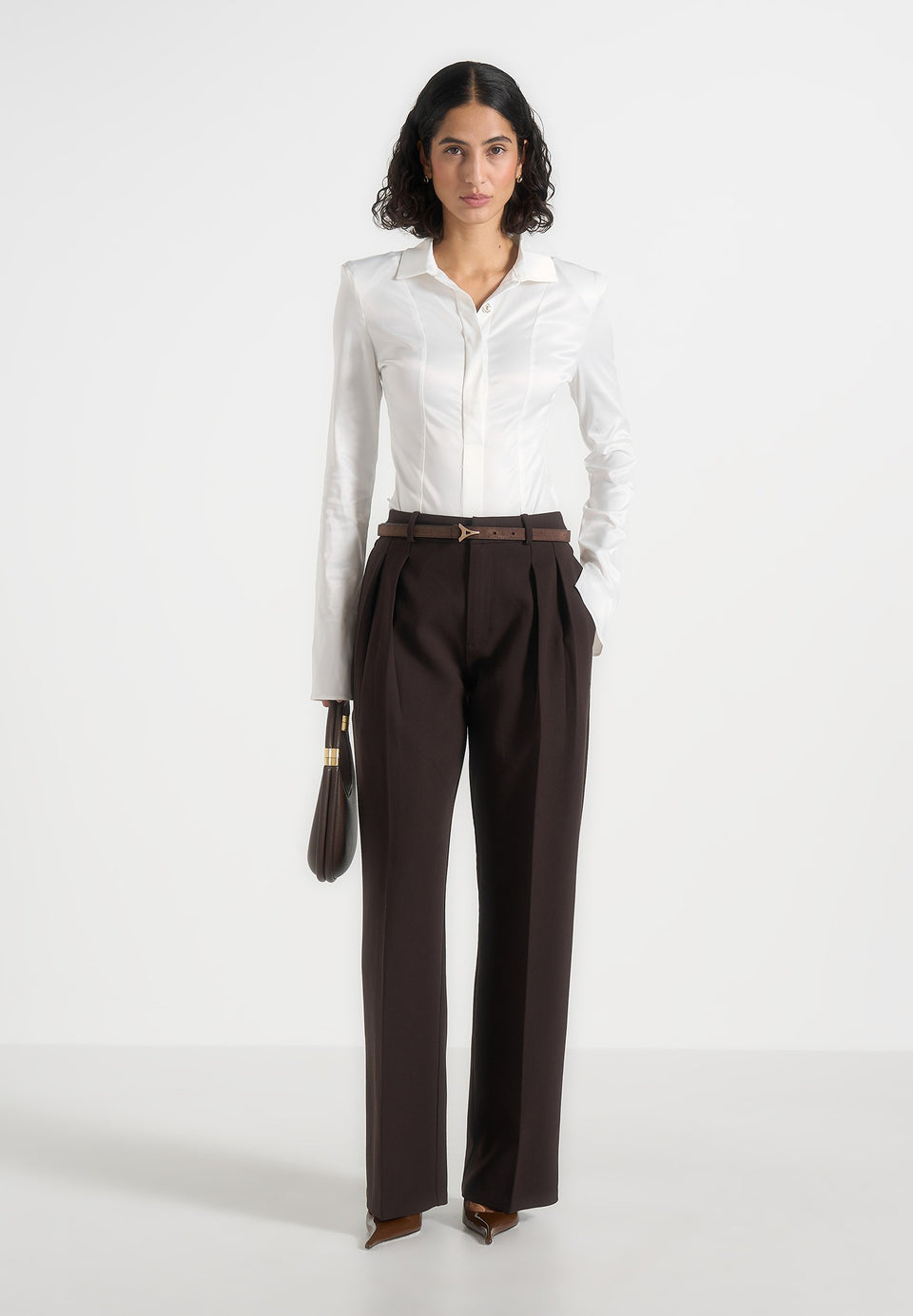 Julie - Tailored Twin Pleat Trousers - Dark Brown