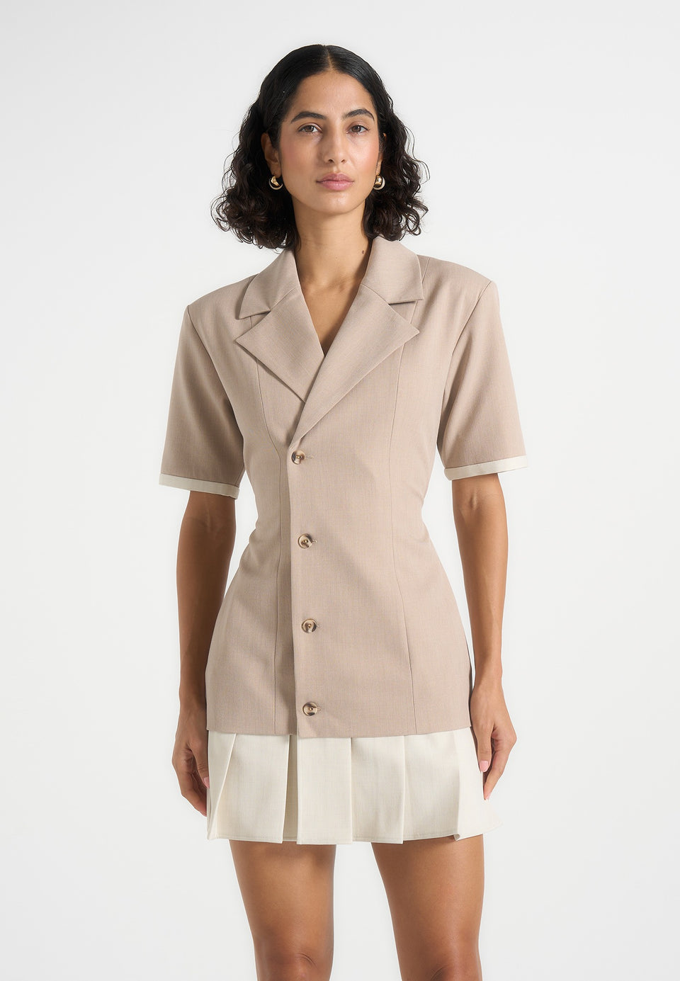 Baya - Tailored Cinch Waist Pleated Blazer Dress - Beige