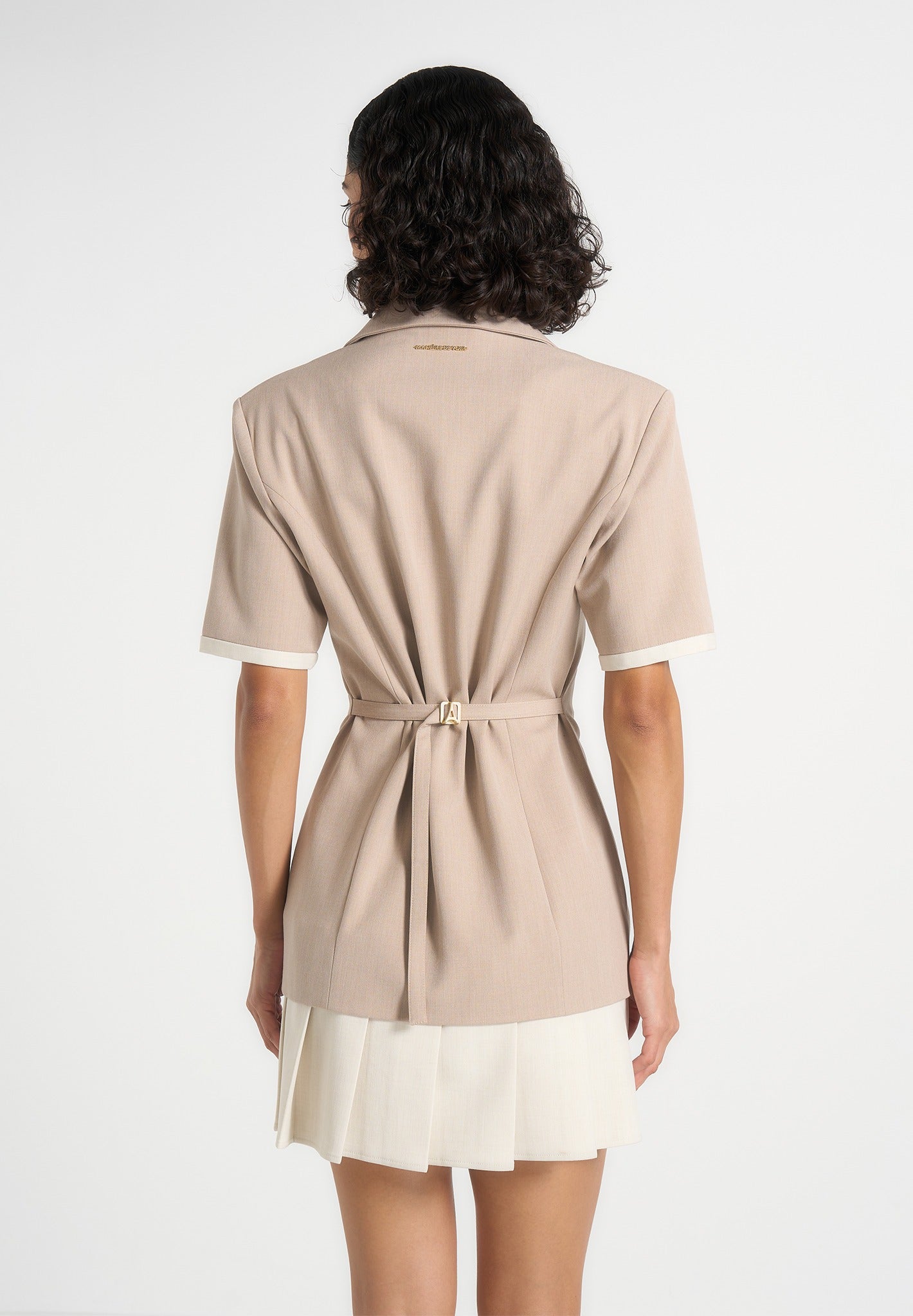Baya - Tailored Cinch Waist Pleated Blazer Dress - Beige