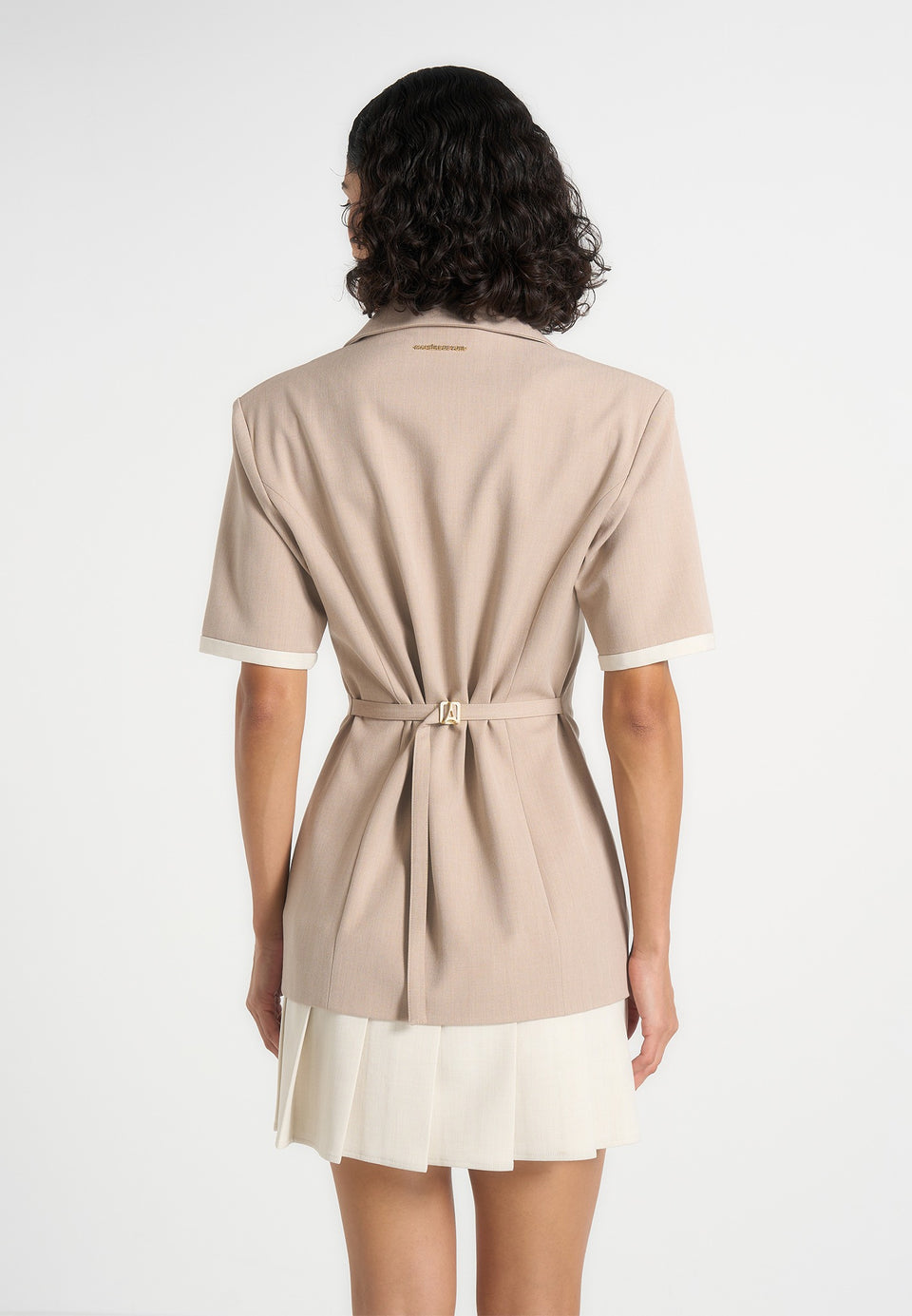 Baya - Tailored Cinch Waist Pleated Blazer Dress - Beige