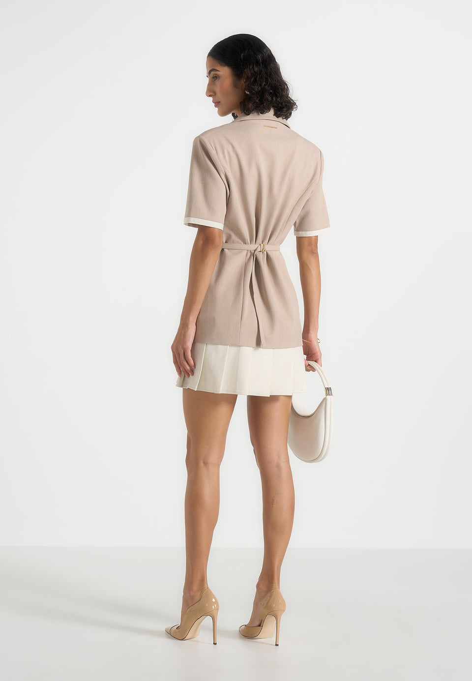 Baya - Tailored Cinch Waist Pleated Blazer Dress - Beige