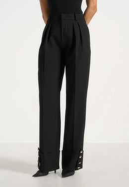 Darlene - Turn Up Detail Tailored Twin Pleat Trousers - Black