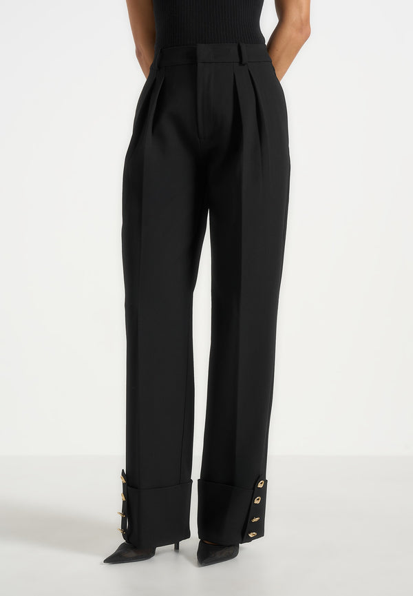 Darlene - Turn Up Detail Tailored Twin Pleat Trousers - Black