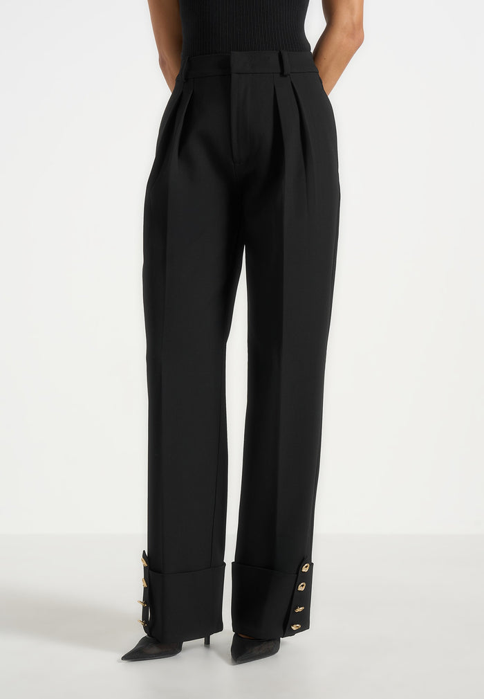 Darlene - Turn Up Detail Tailored Twin Pleat Trousers - Black