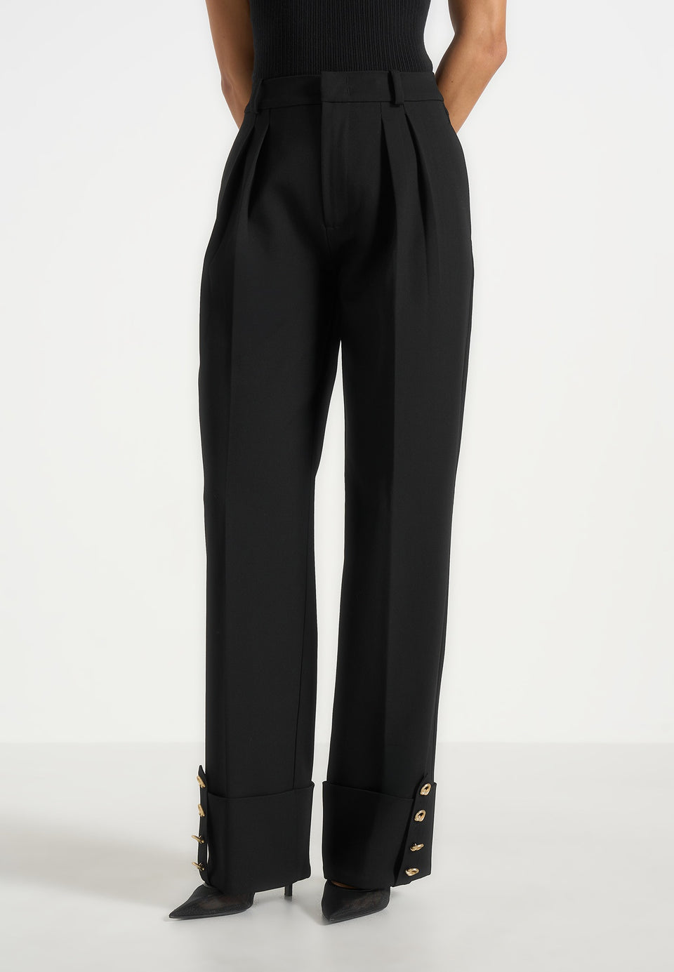Darlene - Turn Up Detail Tailored Twin Pleat Trousers - Black