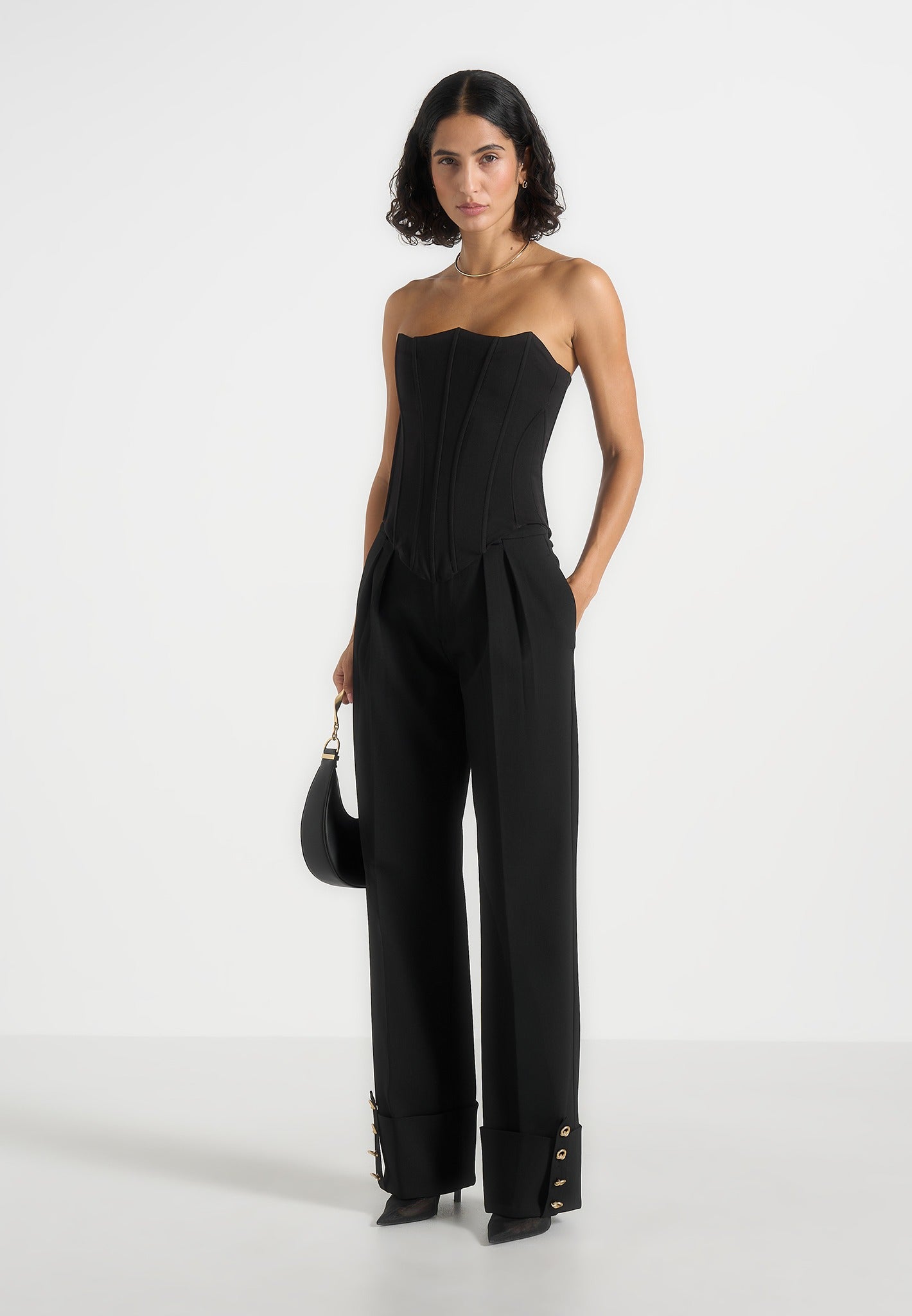 Darlene - Turn Up Detail Tailored Twin Pleat Trousers - Black