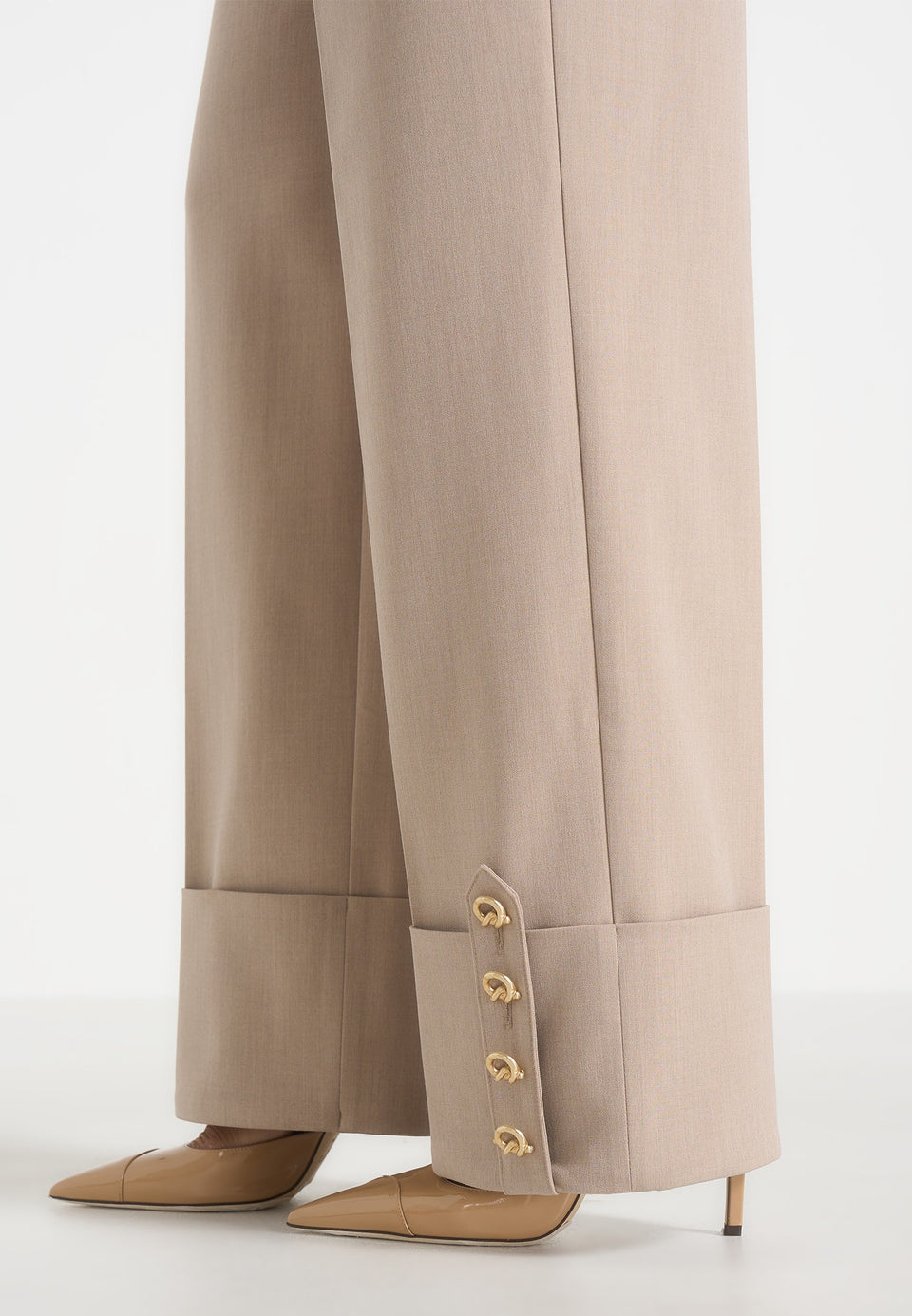 Darlene - Turn Up Detail Tailored Twin Pleat Trousers - Beige