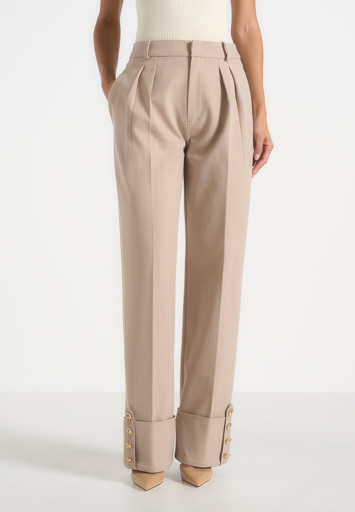 Darlene - Turn Up Detail Tailored Twin Pleat Trousers - Beige
