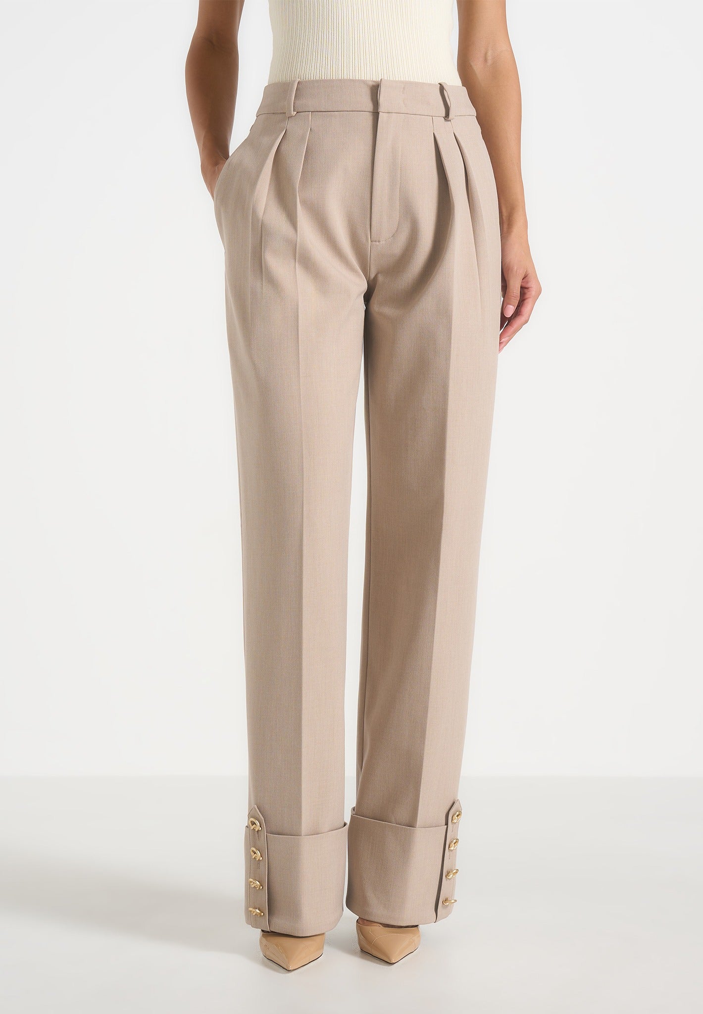 Darlene - Turn Up Detail Tailored Twin Pleat Trousers - Beige