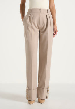 Darlene - Turn Up Detail Tailored Twin Pleat Trousers - Beige