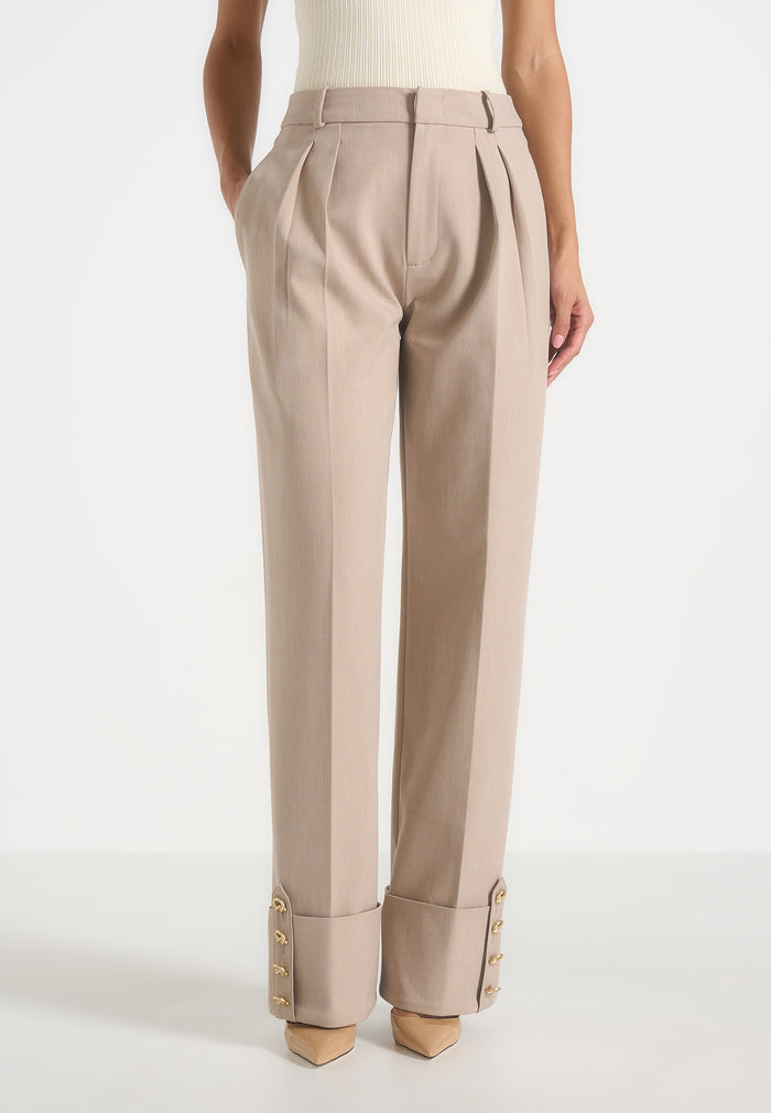Darlene - Turn Up Detail Tailored Twin Pleat Trousers - Beige