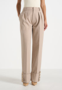 Darlene - Turn Up Detail Tailored Twin Pleat Trousers - Beige