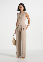 Darlene - Turn Up Detail Tailored Twin Pleat Trousers - Beige