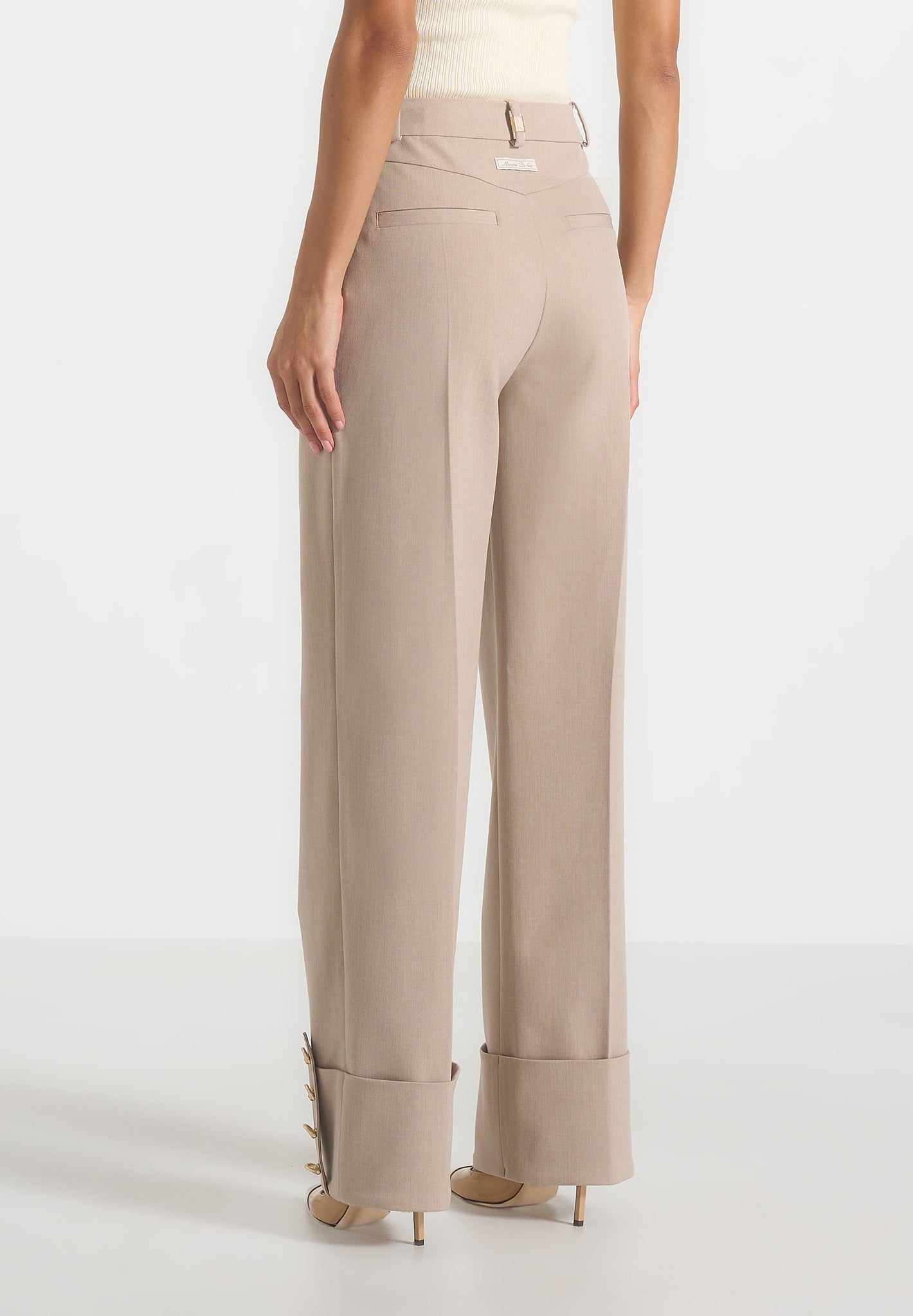 Darlene - Turn Up Detail Tailored Twin Pleat Trousers - Beige