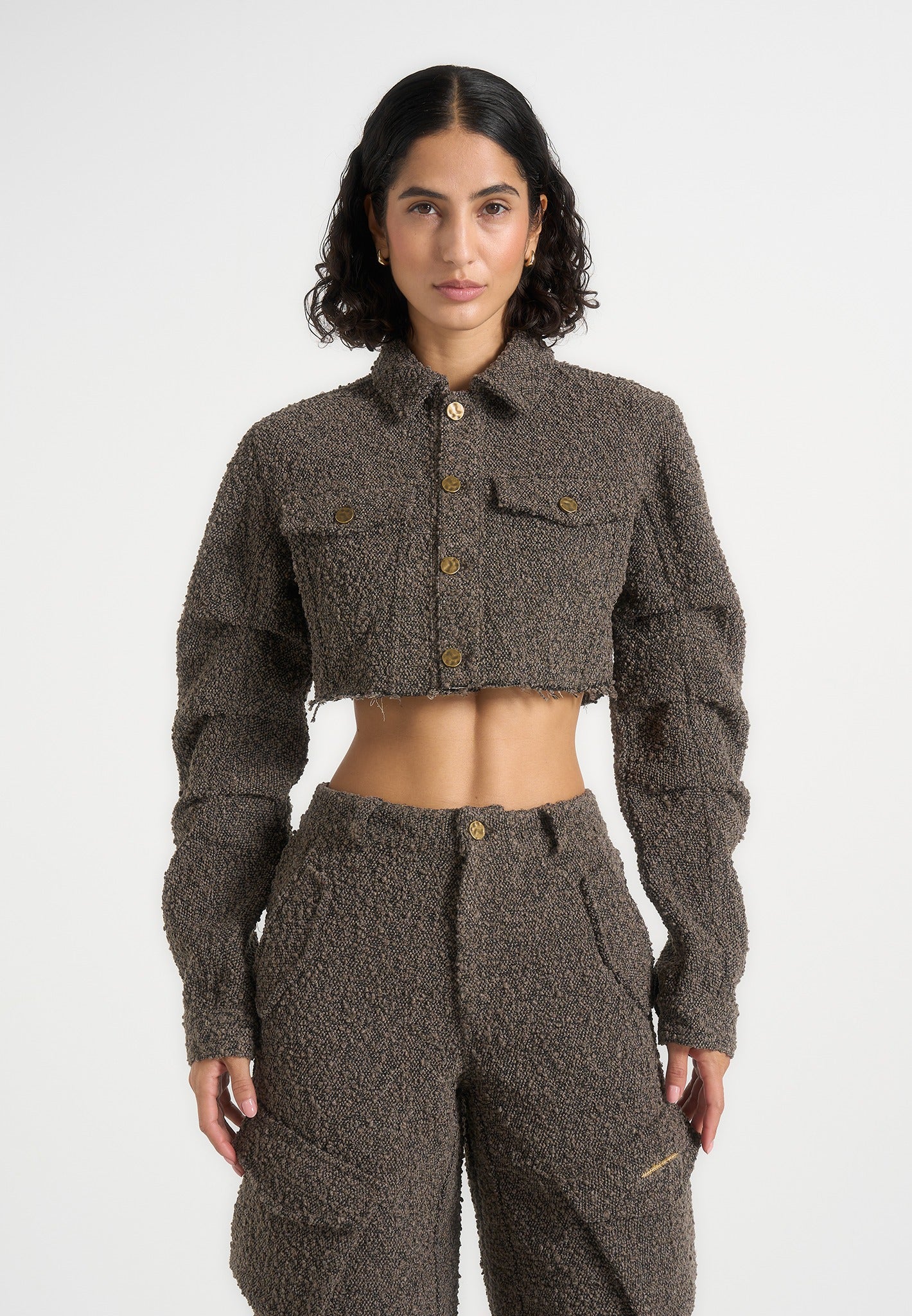 Catherine - Cropped Boucle Denim Jacket - Brown 