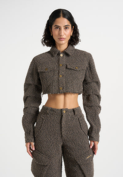 Catherine - Cropped Boucle Denim Jacket - Brown