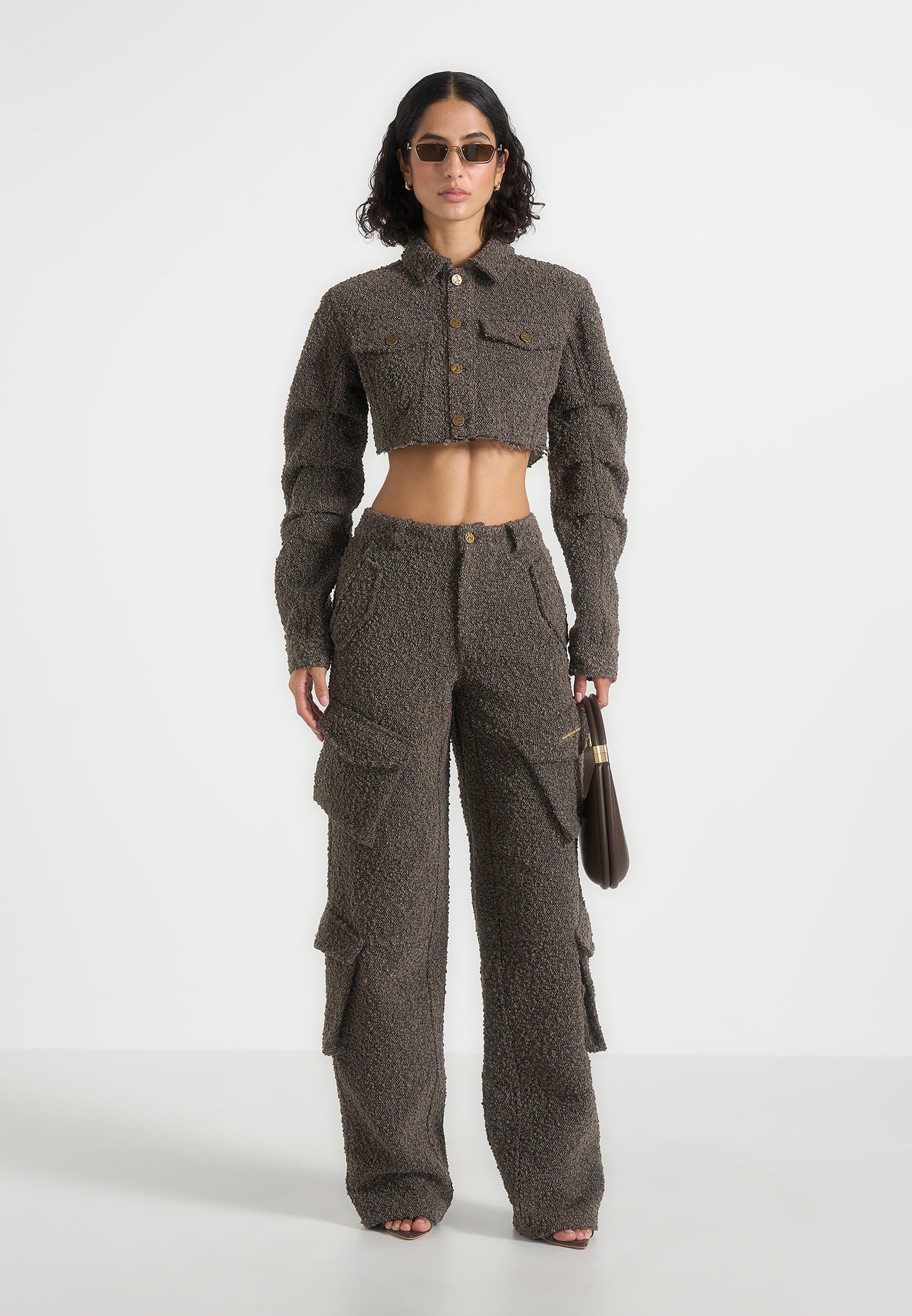 Catherine - Cropped Boucle Denim Jacket - Brown