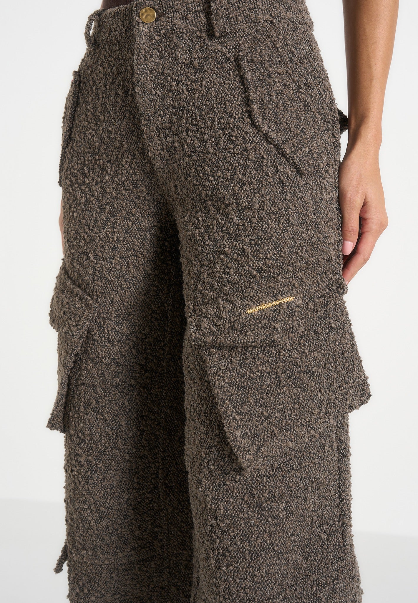 Anne - High Waisted Boucle Denim Cargo Pants - Brown