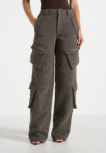 Anne - High Waisted Boucle Denim Cargo Pants - Brown