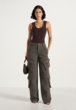 Anne - High Waisted Boucle Denim Cargo Pants - Brown