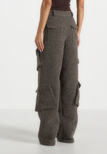 Anne - High Waisted Boucle Denim Cargo Pants - Brown