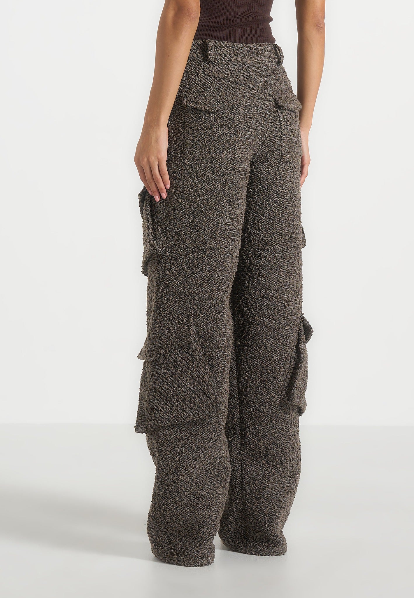 Anne - High Waisted Boucle Denim Cargo Pants - Brown