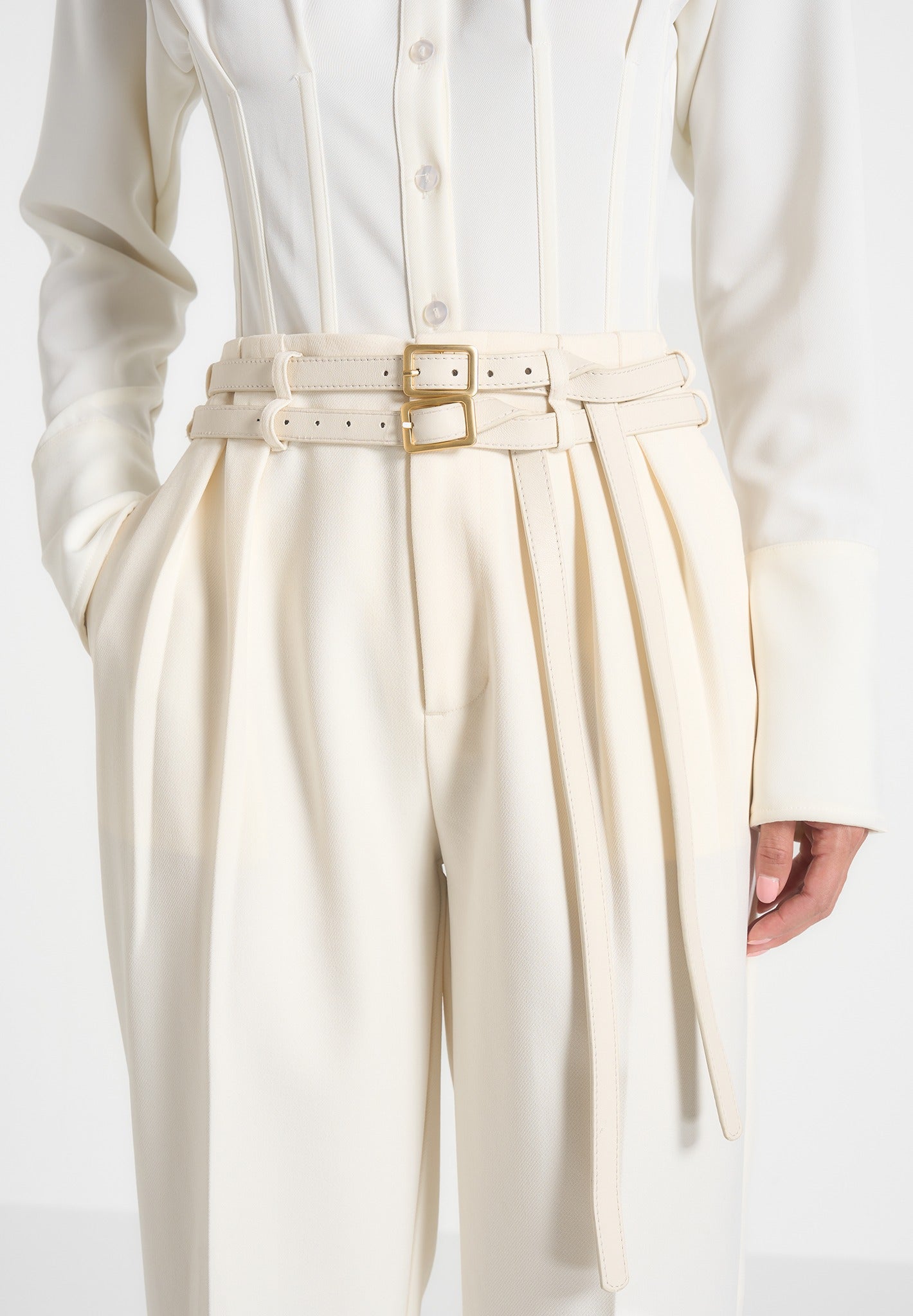Pascale - Tailored Twin Belt Trousers - Off White