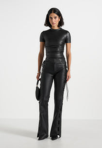 Leather Ruched T-Shirt - Black
