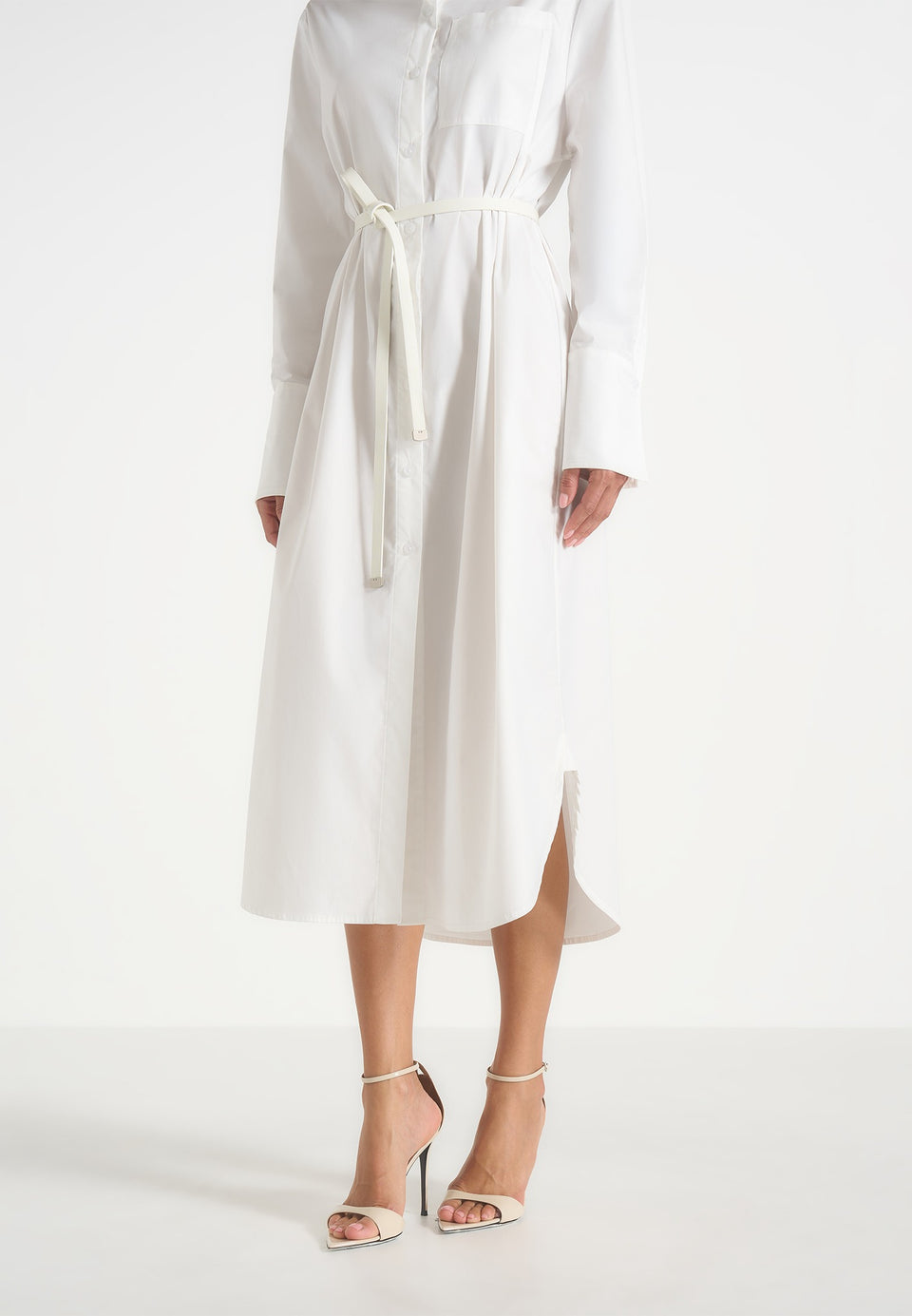 Isa - Belted Cotton Midi Shirt Dress - White