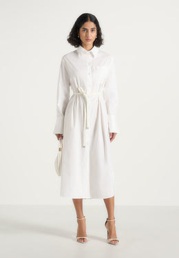 Isa - Belted Cotton Midi Shirt Dress - White