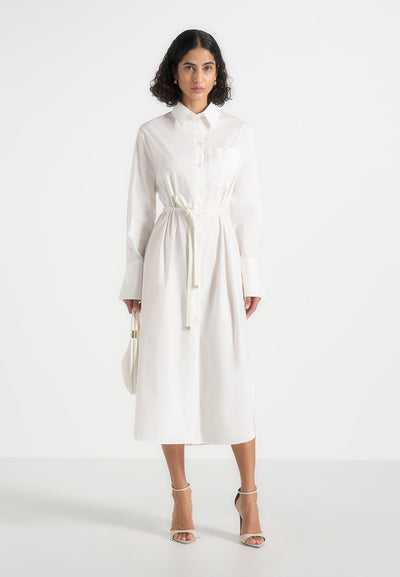 Isa - Belted Cotton Midi Shirt Dress - White