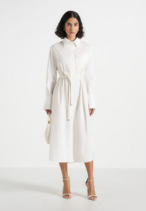 Isa - Belted Cotton Midi Shirt Dress - White