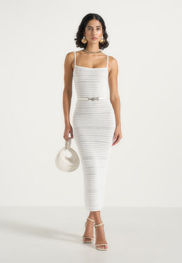 Danika - Metallic Knit Belted Midi Dress - White