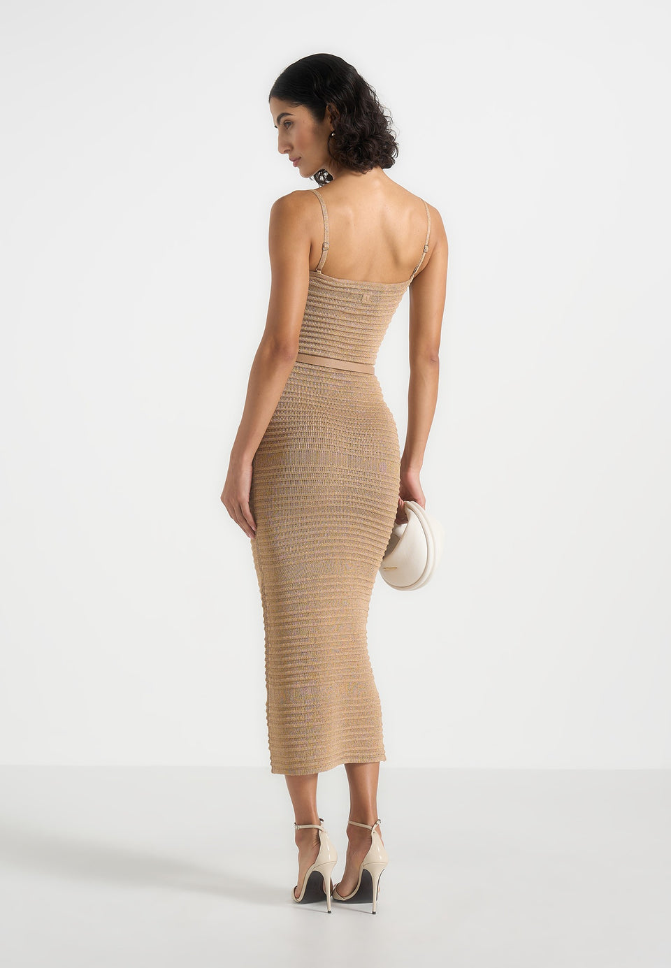 Danika - Metallic Rib Knit Belted Midi Dress - Gold