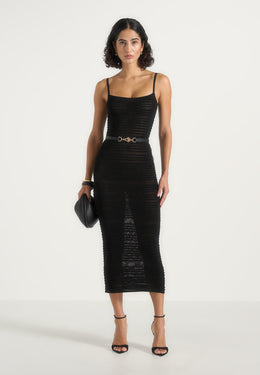 Danika - Metallic Rib Knit Belted Midi Dress - Black