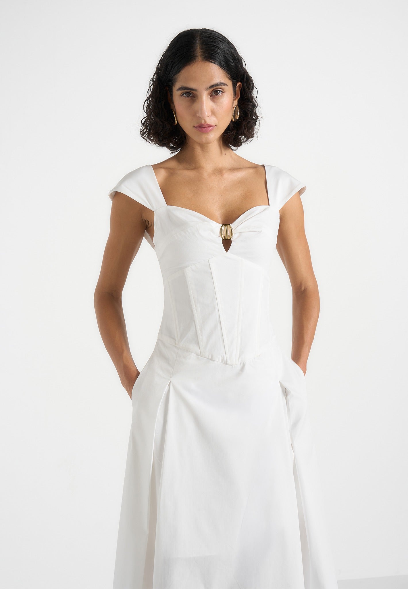 Faith - Cap Sleeve Corset Cotton Midi Dress  - White
