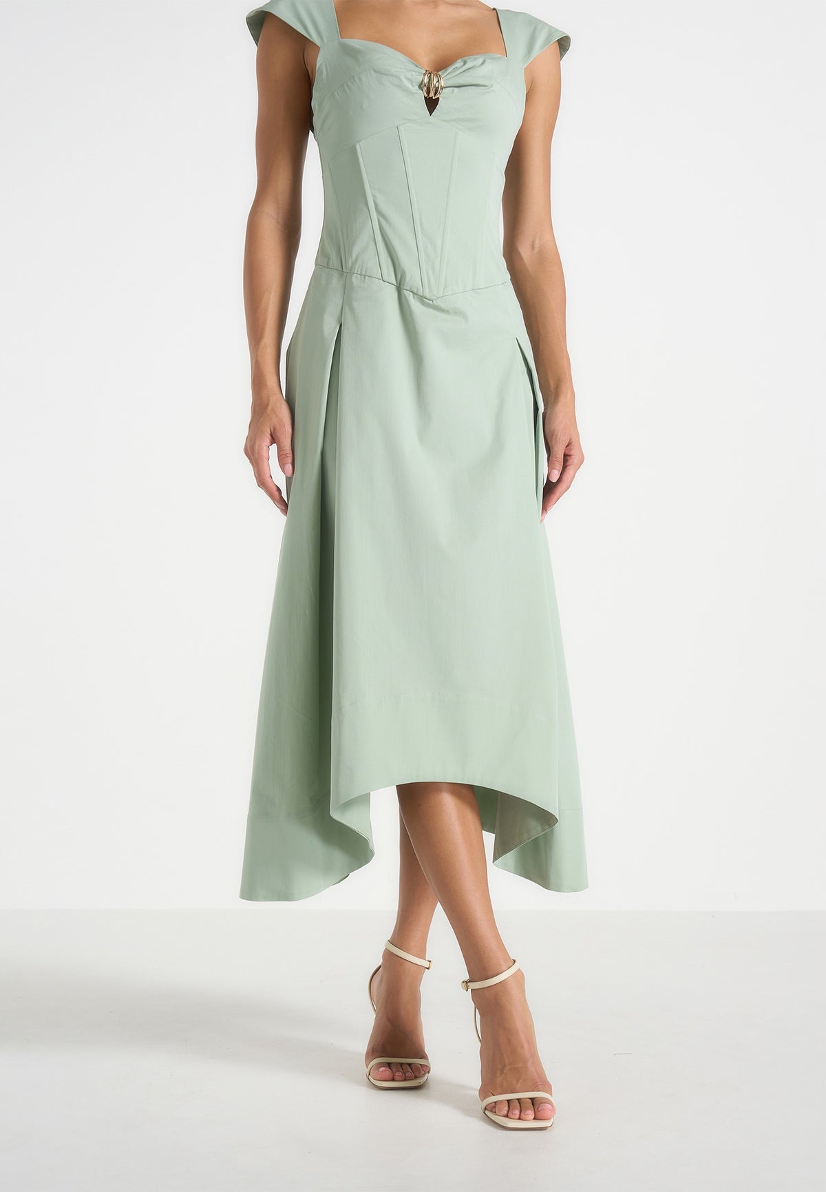 Faith - Cap Sleeve Corset Cotton Midi Dress - Sage