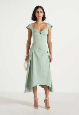 Faith - Cap Sleeve Corset Cotton Midi Dress - Sage