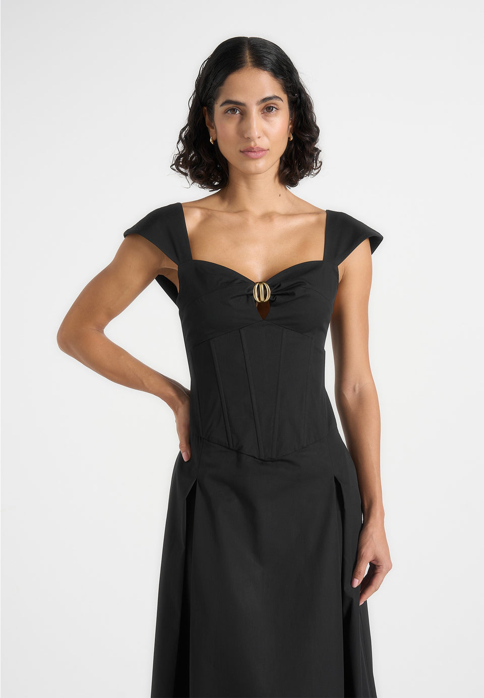 Faith - Cap Sleeve Corset Cotton Midi Dress - Black