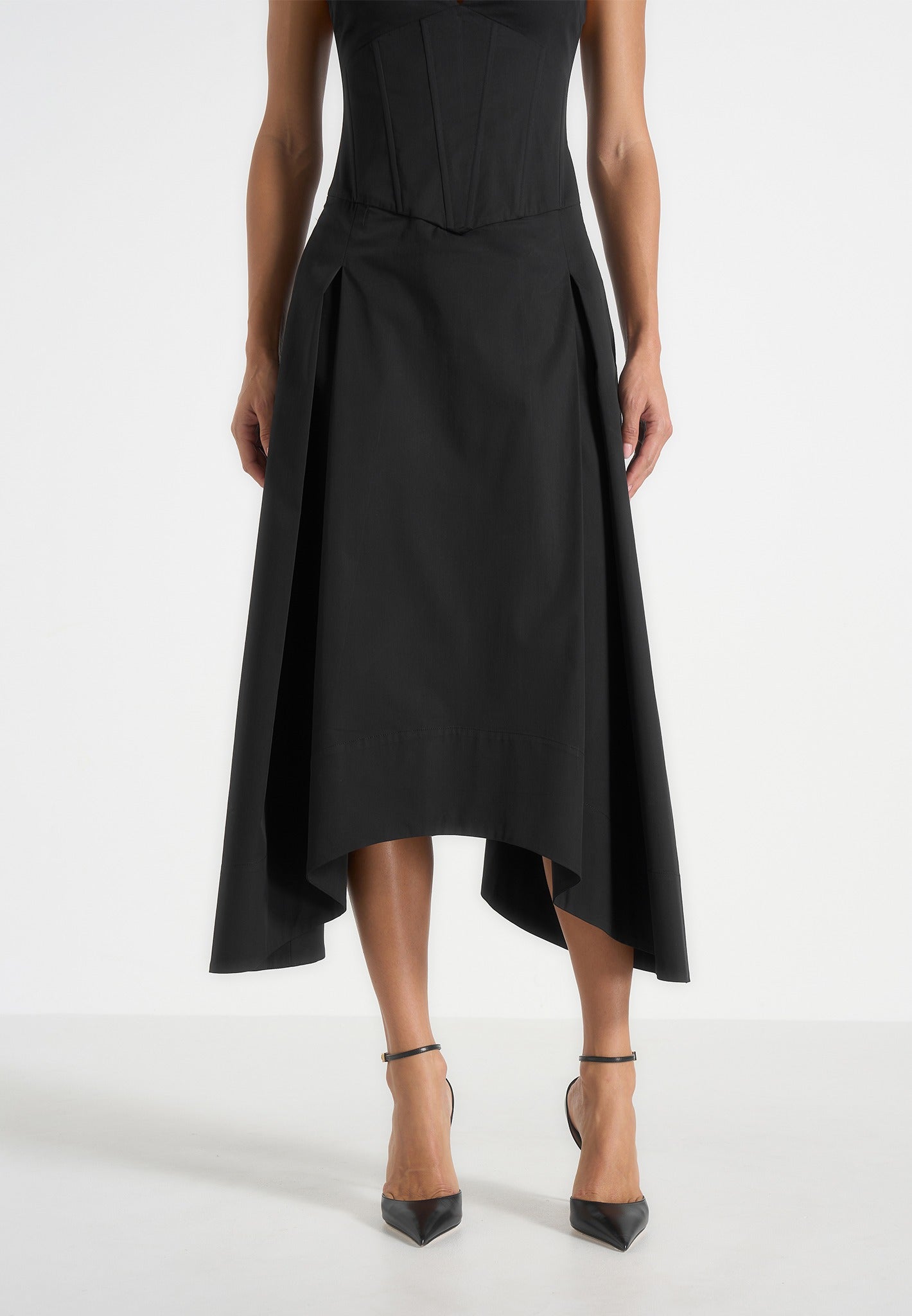Faith - Cap Sleeve Corset Cotton Midi Dress - Black