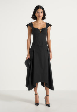 Faith - Cap Sleeve Corset Cotton Midi Dress - Black