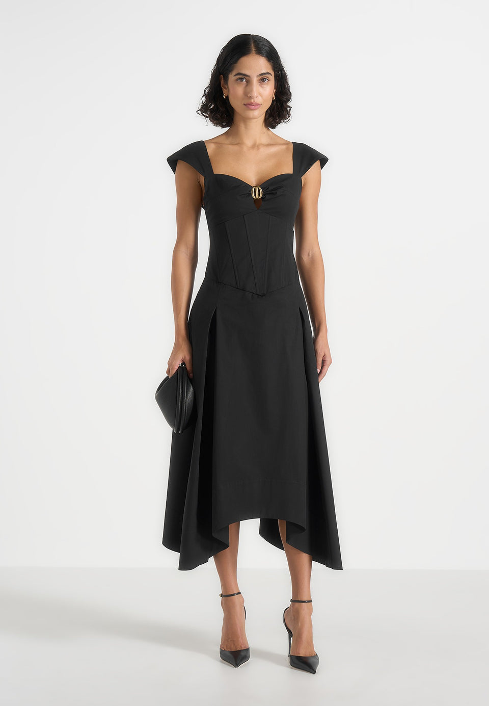 Faith - Cap Sleeve Corset Cotton Midi Dress - Black