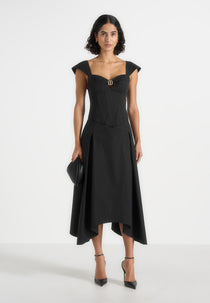 Faith - Cap Sleeve Corset Cotton Midi Dress - Black