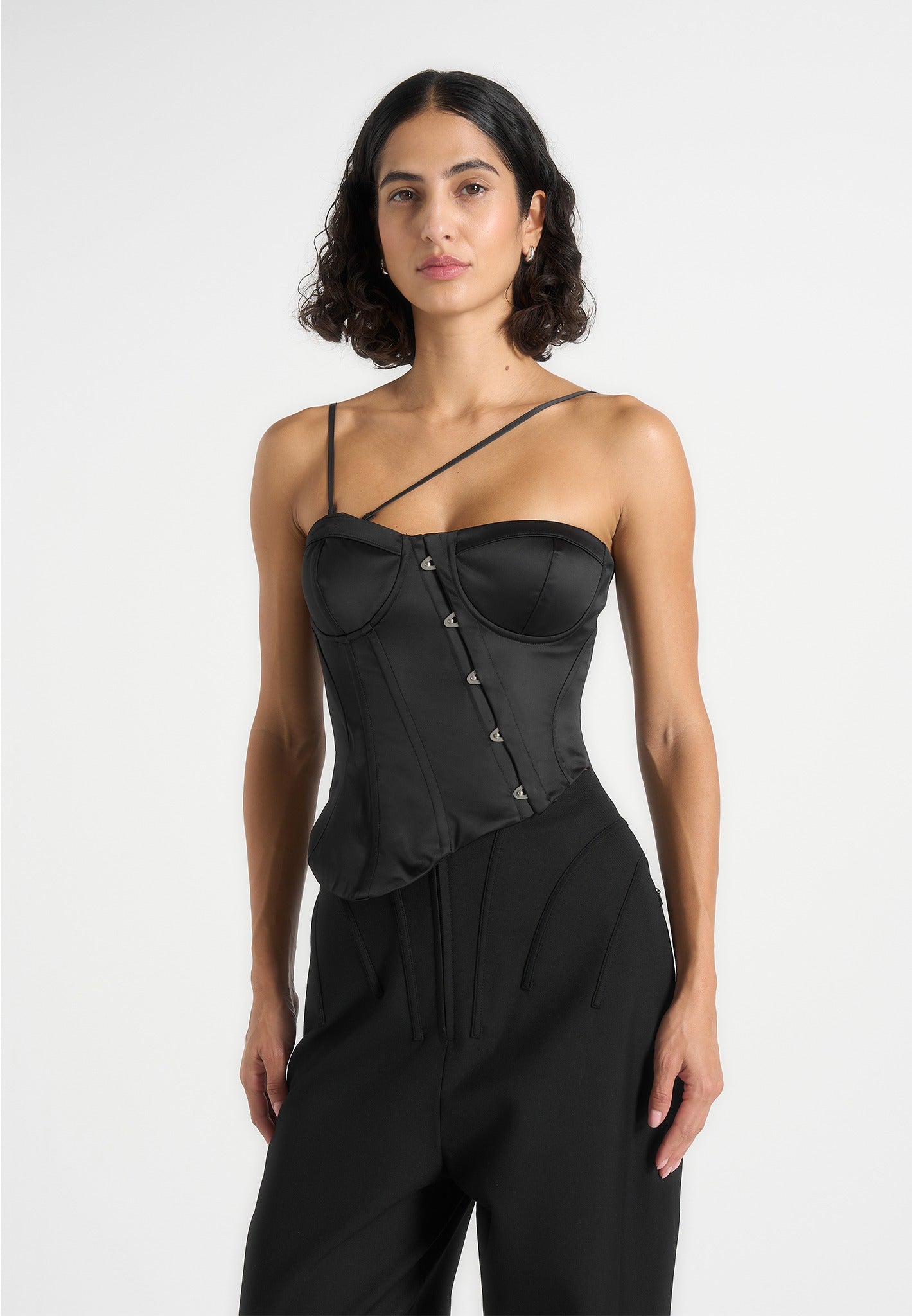 Aurelia - Asymmetric Satin Corset Top - Black 