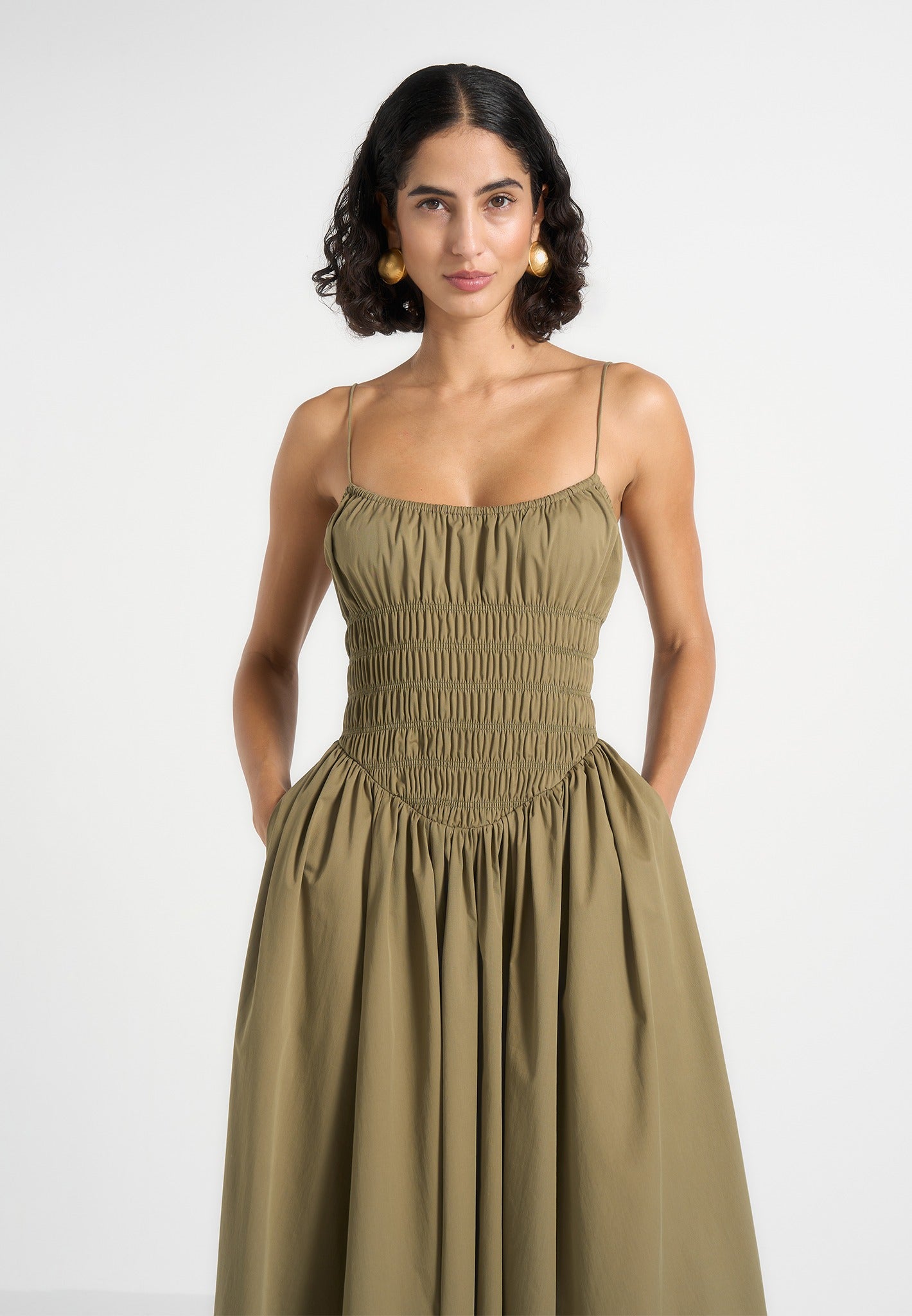 Elva - Smocked Waist Cotton Maxi Dress - Khaki